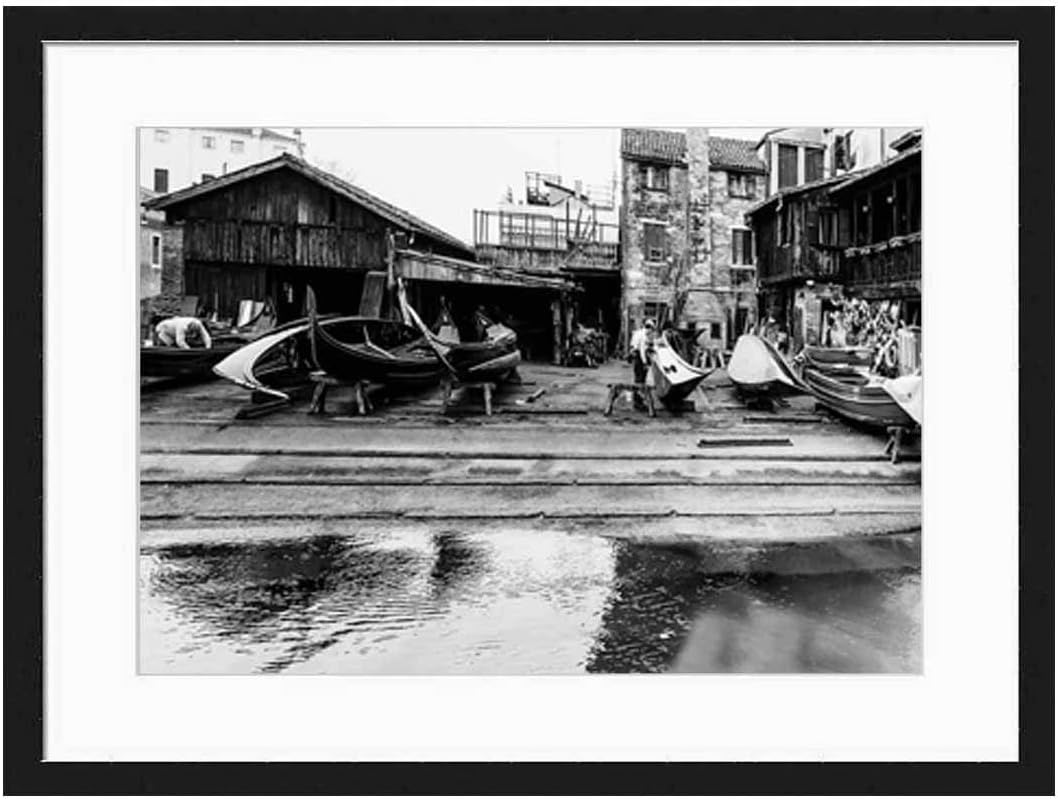 Wood Framed Canvas Artwork Home Decore Wall Art (Black White 20x14 inch) - Building Shipyard Shipbuilding Boot Gondolas