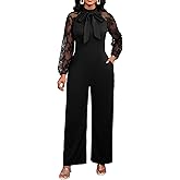 Xinlees Elegant Jumpsuits for Women Crew Neck Mesh Ruffle Long Sleeve Business Rompers Straight Club Jumpsuit