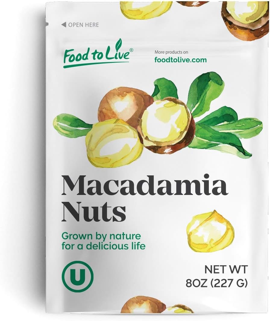 Food to LiveMacadamia Nut Halves & Pieces, 8 Ounces – Raw, Shelled, Unsalted, Kosher, Vegan, Bulk. Keto Snack. Good Source of Healthy Fats. Great for Baking, and as Topping for Salads, Yogurt.