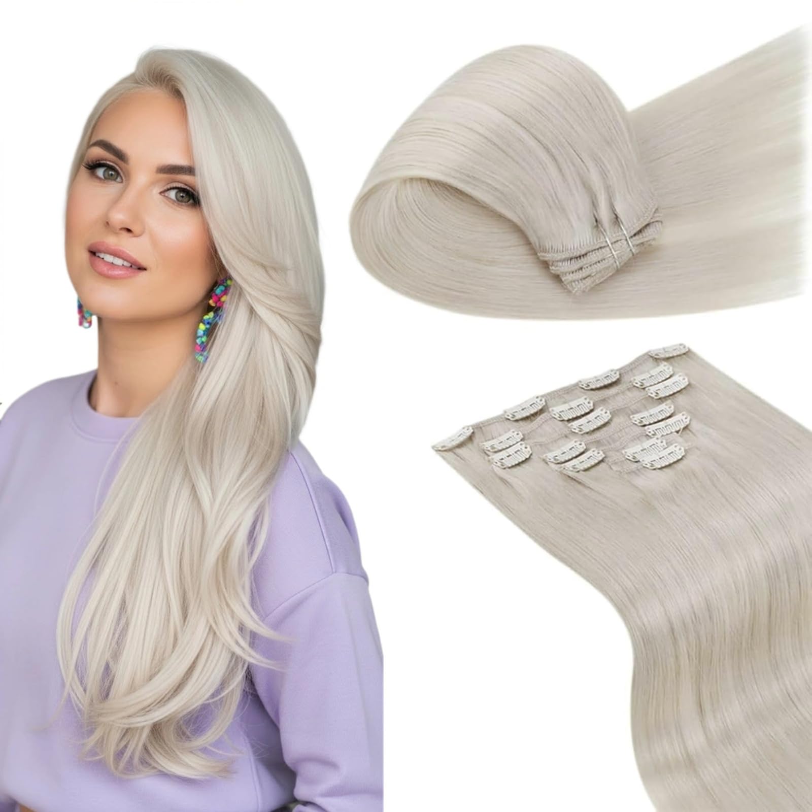 LaaVoo Blonde Clip in Hair Extensions Real Hair Extensions Clip in 18 Inch 120g 7pcs Full Head Straight Remy White Blonde Hair Double Weft #60 — image 1