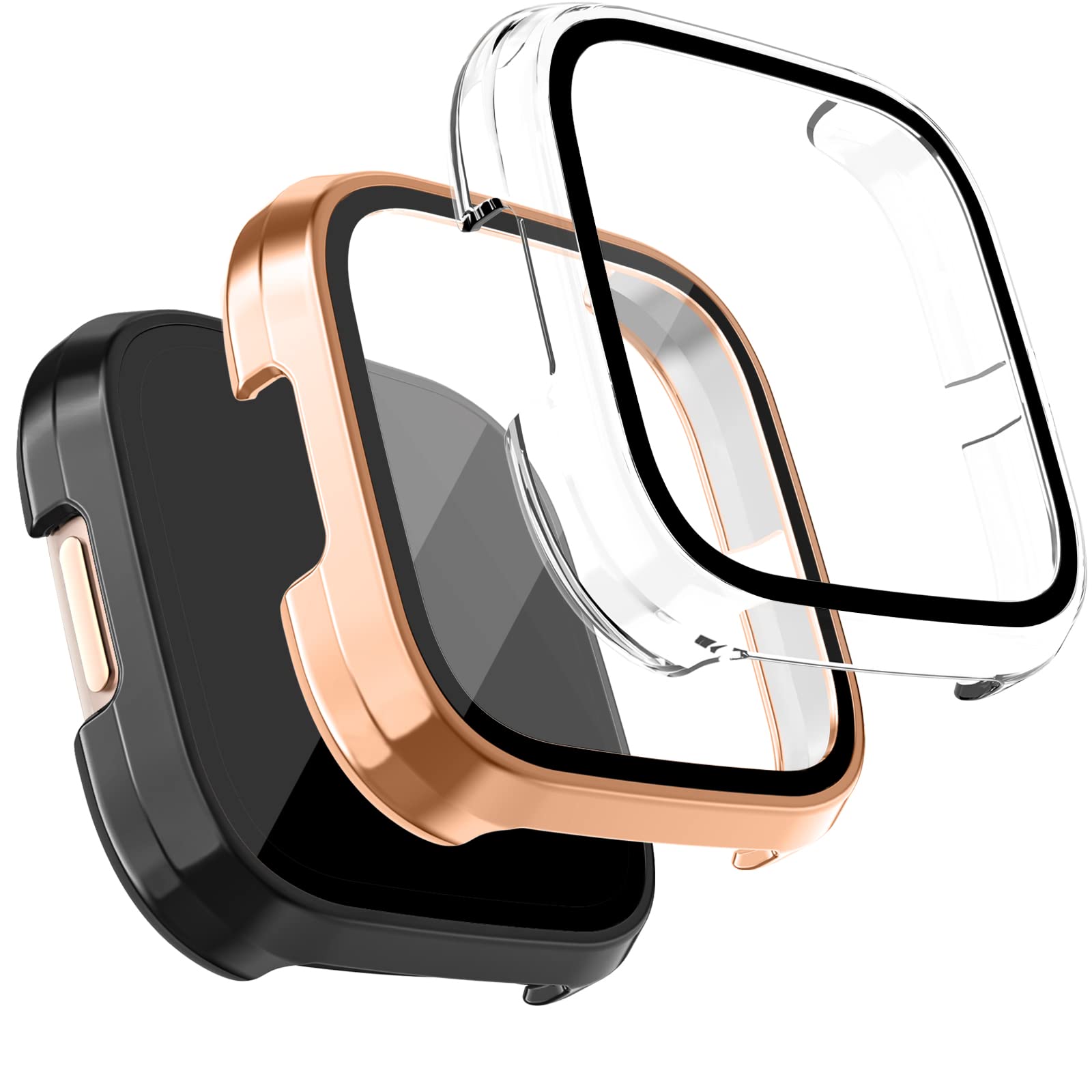 [3 Pack] Tobfit for Fitbit Versa 2 Screen Protector with HD Tempered Glass Protective Case, Hard PC Case Bumper Cover Full Coverage for Fitbit Versa 2 Smartwatch, Black/Transparent/Rose Gold