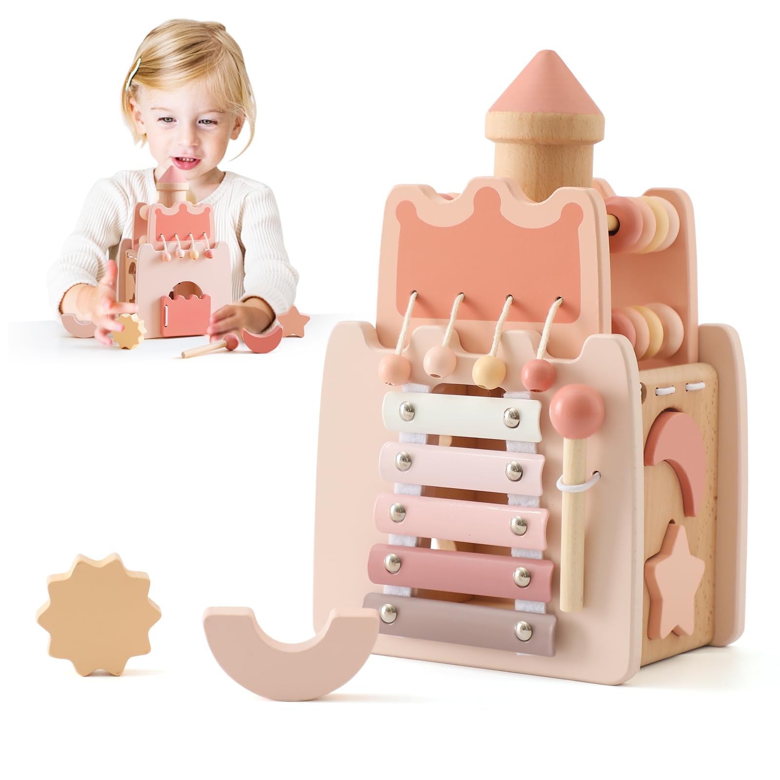 Promise Babe Montessori Toy Baby Wooden 5 in 1 Pink Lock Learning Skill Motor Sensory Motor Skills Activity Cube Gift for Baby Girl 3+
