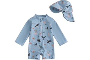 JiAmy Toddler Baby Boy Swimsuit with Sun Hat Long Sleeve Zip Up Rash Guard Sun Protection Beach One Piece Bathing Suit