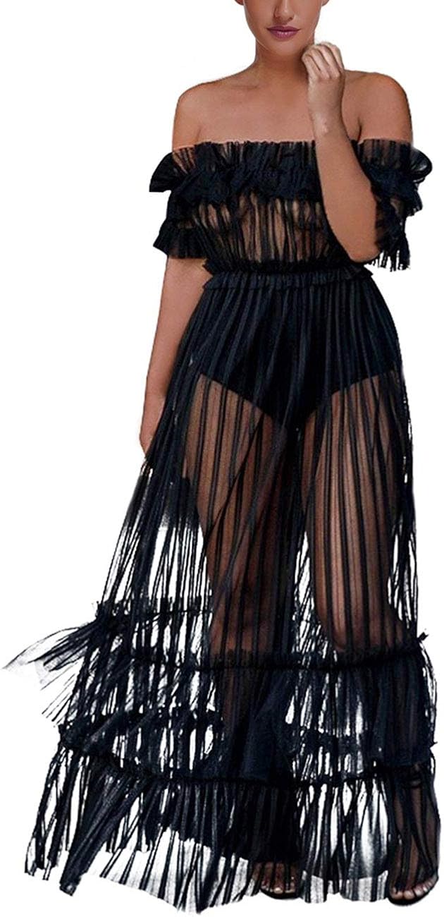XAKALAKA Women's Sexy Lace Off Shoulder High Wasit Flared Mesh Club Maxi Dress Beach Cover Up at  Women’s Clothing store