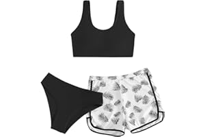 COZYEASE Girls' 3 Piece Swimsuit Tropical Print Bikini Bathing Suit with Shorts