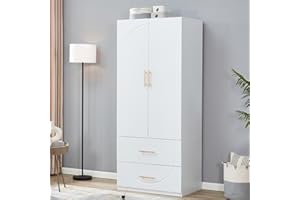 ModMakers 74.2" Tall 2 Doors Wardrobe Closet 2 Drawers Wood Bedroom Closet Wardrobe Armoire Cabinet White Freestanding Wardrobe Cabinet with Hanging Rod, Clothes Bathroom Storage Organizer