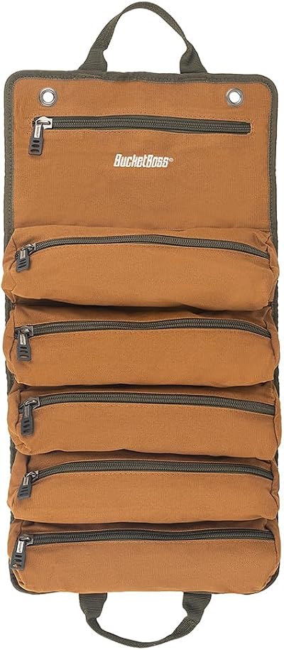 Bucket Boss Super Roll Tool Bag 6 Zippered Pockets Brown Original Series
