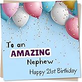 Cool Happy 21st Birthday Card For Nephew - Twenty One - Balloons and Confetti Design - Celebration, Colourful