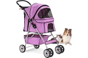 DKELI 4 Wheels Pet Stroller Cat Dog Cage Stroller Travel Folding Carrier with Cup Holders and Removable Liner for Small-Medium Dog, Cat (Pink)