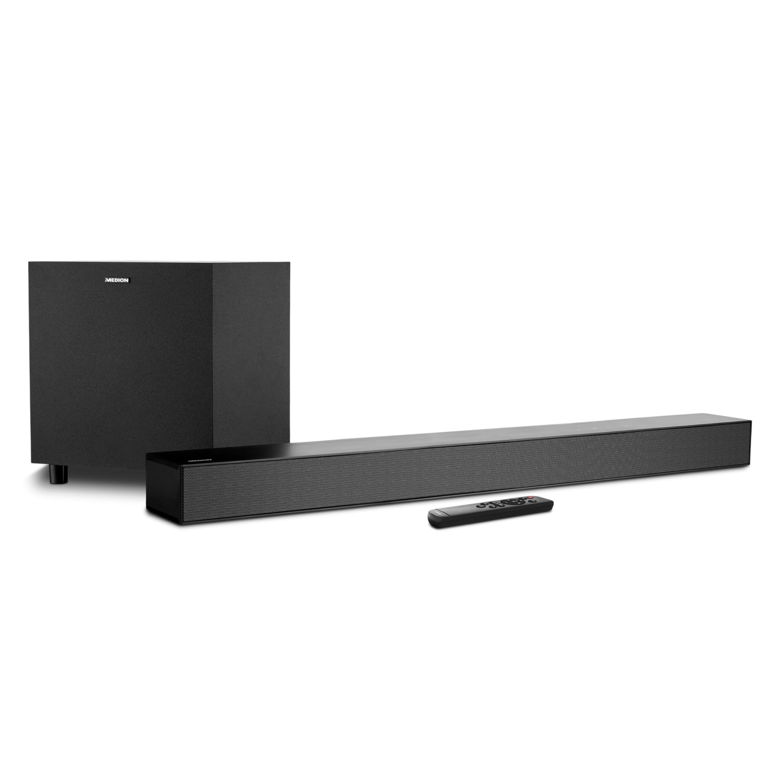 MEDION S61022 3.1 Dolby Atmos Soundbar mit kabellosen Subwoofer (für TV Geräte, Bluetooth 5.3, HDMI eARC CEC, optischer Eingang, AUX, 3 x 20 W + 60 W (RMS) Subwoofer kabellos, Fernbedienung