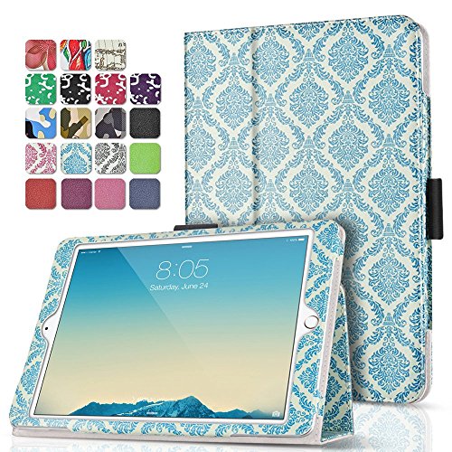 TNP iPad Pro 9.7 Case (Damask Blue) Ultra Slim Lightweight Protective Stand Folio Smart Cover with Card Slots, Stylus Holder, Auto Sleep/Wake Feature for Apple iPad Pro 9.7" 2016 Release Tablet