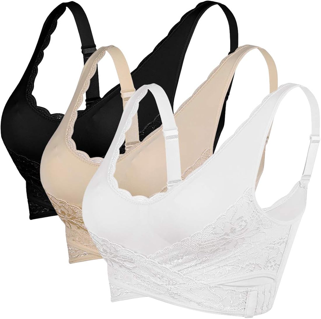 Vertvie Woman 1/3 Pieces Lace Sports Bra Front Closure Cross Wireless