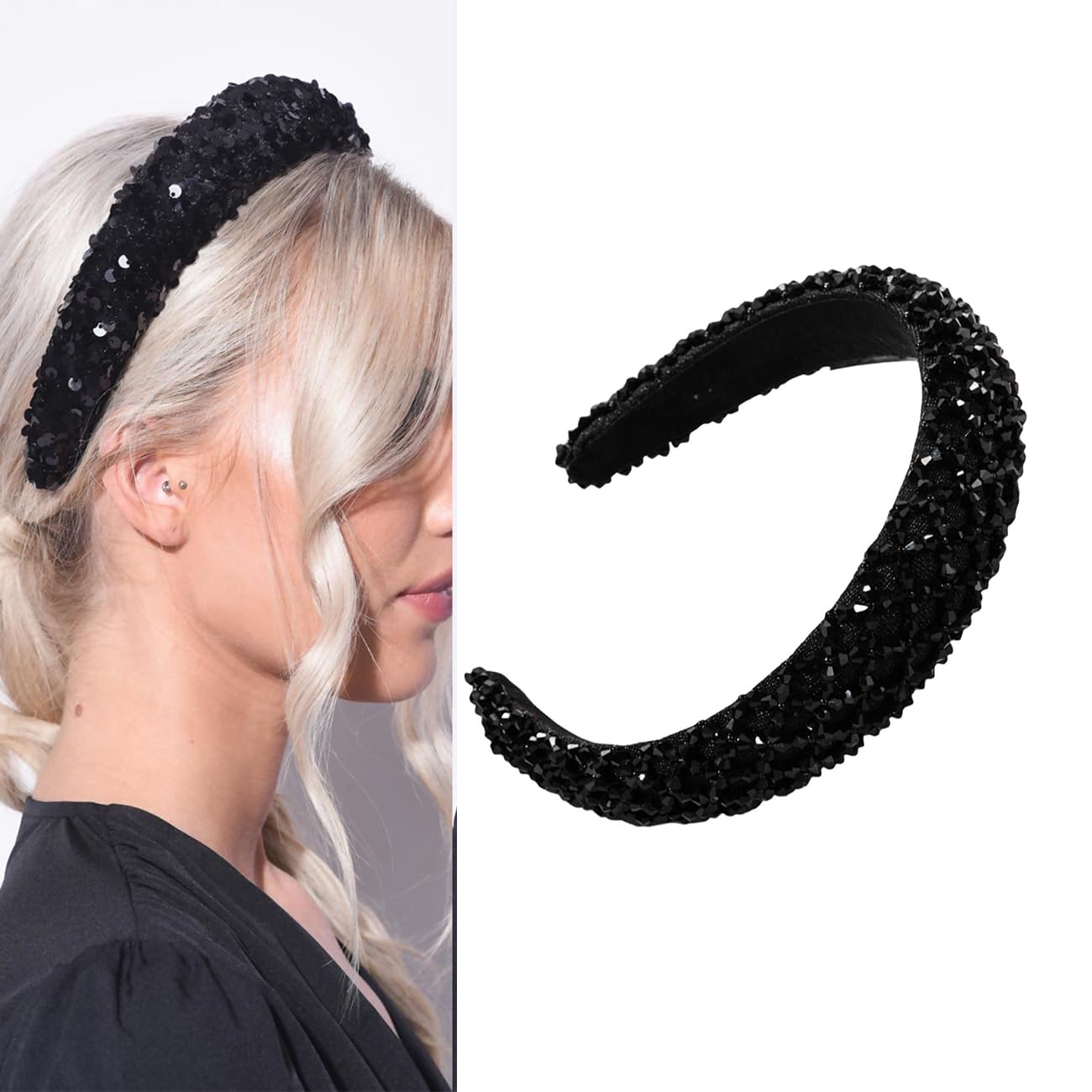 scicent Black Headband Rhinestone Crystal Embellished Hairbands for Women Girls Vintage Padded Non-Slip Head Band Wide Retro Fashion Hair Styling Accessories 27603