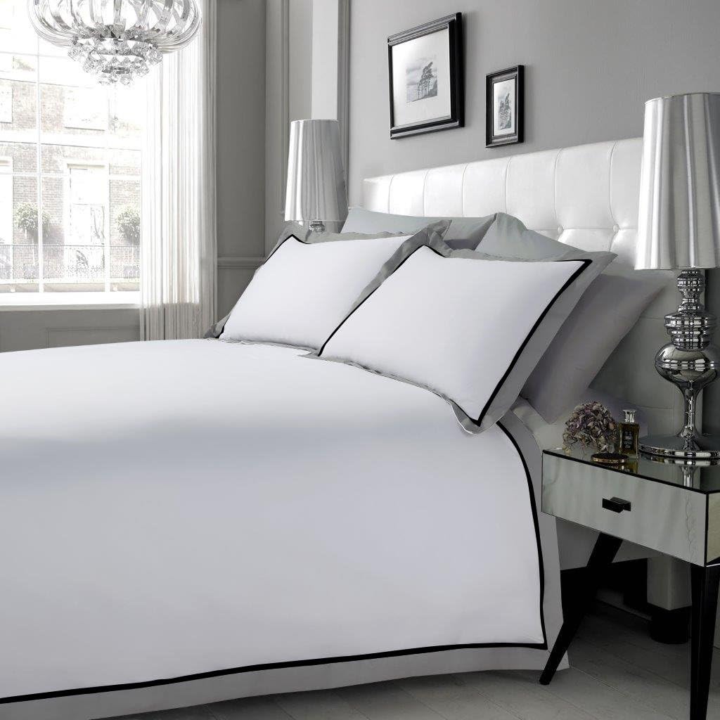 [hachette] 400TC [MAYFAIR WHITE GREY BLACK] 100% EGYPTIAN COTTON DUVET COVER BEDDING BED SET WITH PILLOWCASES 400 THREAD COUNT (White, King)