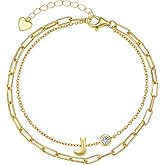 Initial Bracelet for Women, 925 Sterling Silver 14K Gold Plated Dainty Layered Stackable Paperclip Letter Bracelets, Trendy Jewelry Valentine Birthday Gifts for Wife Mom Girlfriend Sister Daughter
