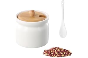 Sugar Bowl with Lid, Ceramic Jar with Lid and Spoon, 180 ml White Seasoning Container for Salt & Spice