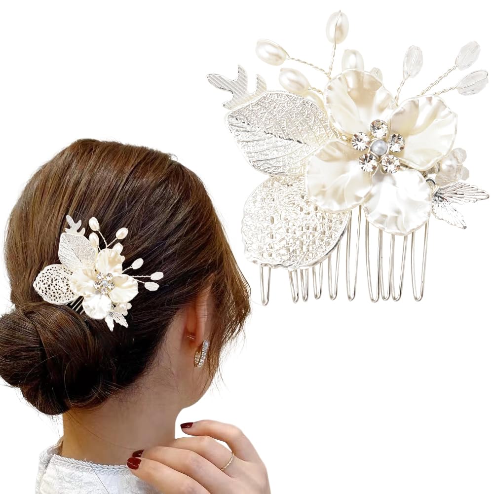 Bridal Hair Combs for Wedding Hair Pins for Brides Flower Hair Comb Slides for Women Sliver Leaf Hair Piece Accessories for Bridesmaid Hair Clip Barrette for Girls Bridal Pearl Hair Pin for Thin Hair