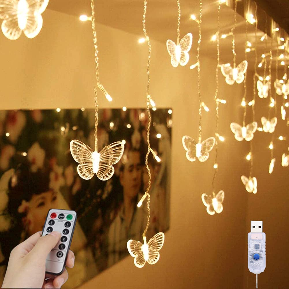 YOLIGHT Butterfly Curtain Lights 4m 96 LED Fairy Lights 8 Modes with Remote Control, Hanging Butterfly String Lights for Room Girls Garden Ceiling Wall Party Wedding Christmas Decoration(Warm White)