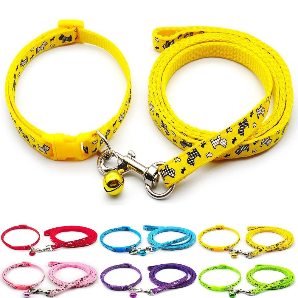 Small Dog Puppy Pet Collar and Lead Set Scotty Dogprint Design Nylon Adjustable Size 19-32cm Collar with Bell and 120cm Leash Yellow