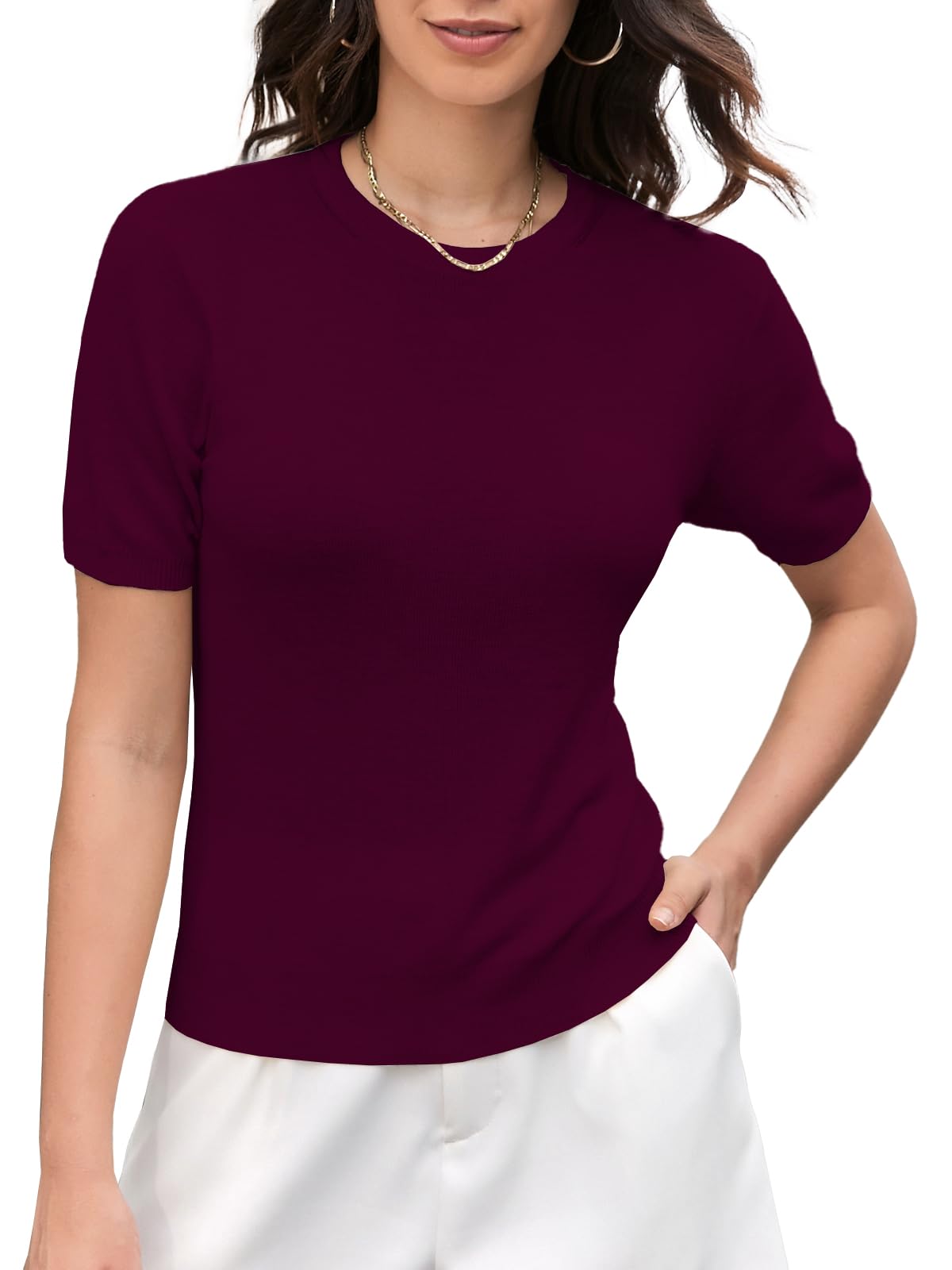 Photo 1 of DAIMIDY Women's Crew Neck Sweaters Short Sleeve Summer Sweaters for Women Lightweight Knit Pullover Tops Burgundy, US S