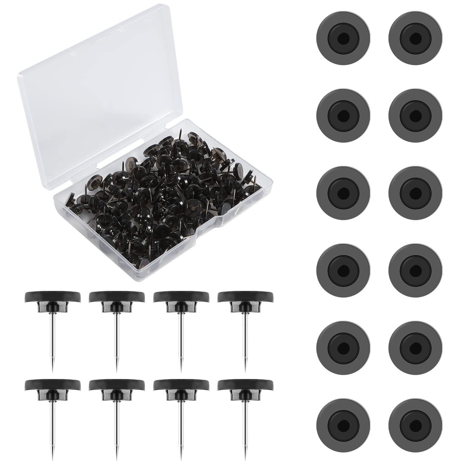 SAVITA 100 x Plastic Flat Head Push Pins with Stainless Steel Round Head Push Pins for Wall Bulletin Board Cork (Black)