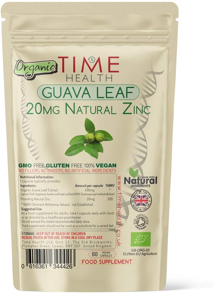 Organic Guava Leaf Extract - 20mg Natural Zinc per Capsule - Vegan - Zero Additives - GMP Standards - (60 Capsules)