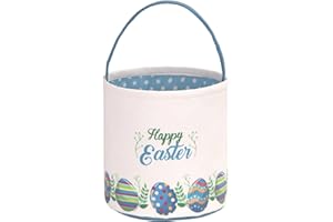 LessMo Easter Bunny Basket Egg Buckets Gifts Tote Bags, Canvas Cotton Blue Cute Personalized Egg Hunt Basket Stuffers for Easter Party