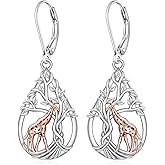 Giraffe Earrings for Women 925 Sterling Silver Rose Gold Giraffe with Tree of Life Dangle Earrings Animal Gifts for Birthdays, Mother's Day, Nature Lovers