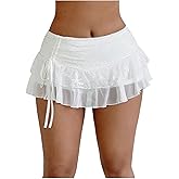 SHENHE Women's Lace Mini Skirt Y2k Low Rise Ruched Layered Ruffle Skirt