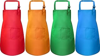 Yaomiao 4 Stücke Kinderschürze mit Tasche Kinder Verstellbare Kochschürze zum Kochen Backen Malerei (Grün, Orange, Rot, Blau M für 7-13 Jahre)