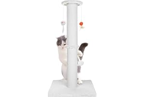 Ahomdoo 36.5 Inch Cat Scratching Post Heavy Duty Cat Scratch Post Handcrafted Rope with Hanging Toys for Ultimate Cat Fun(White)