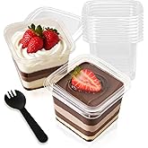 Slomg 100 Pack 12 oz Plastic Dessert Cups with Lids and Forks, Disposable Cupcake Tiramisu Containers Ice Cream Bowls for Yogurt Trifle Candy, Clear Square Parfait Fruit Cups for Appetizer Snack Salad