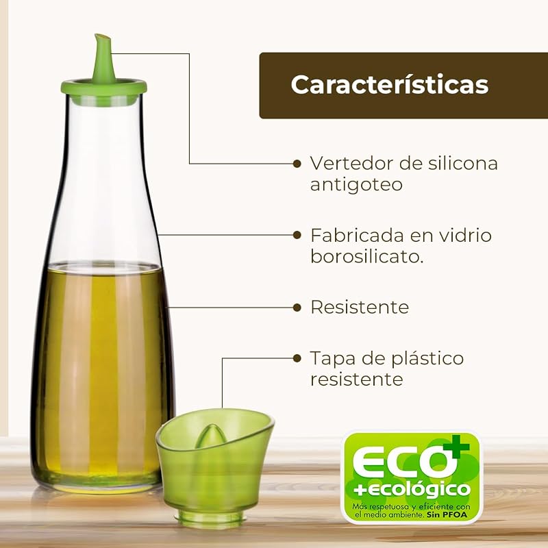 - Aceitera de Vidrio Borosilicato con Vertedor de Silicona - 250 ml - Ideal para Aceite, Vinagre y Salsas - Apta para Lavavajillas - Dosificador para Cocina y Mesa