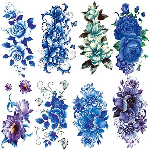 Yesallwas タトゥーシール 完全送料無料 薔薇 青 ブルー 花 8枚セット 紫 バラ ロース おしゃれ 防水 長持ち 入れ墨シール 腕 ボディーシール Blue Sticker Tattoos レディース 9x19cm 足 Rose タトゥーステッカー 胸 女性 刺青シール