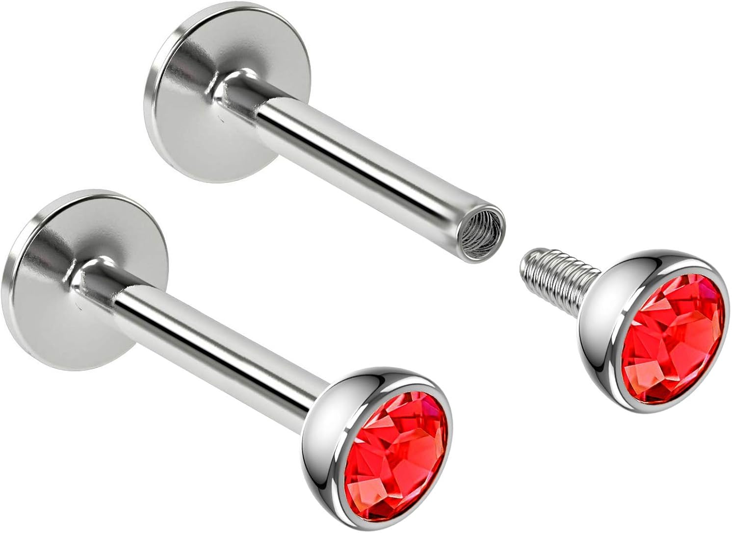 2pc 16g 1.2mm 8mm Labret Bar Stud Lip Ring Snake Bite Monroe Internally-Threaded Red Light Siam Crystal, Light Siam - 8mm