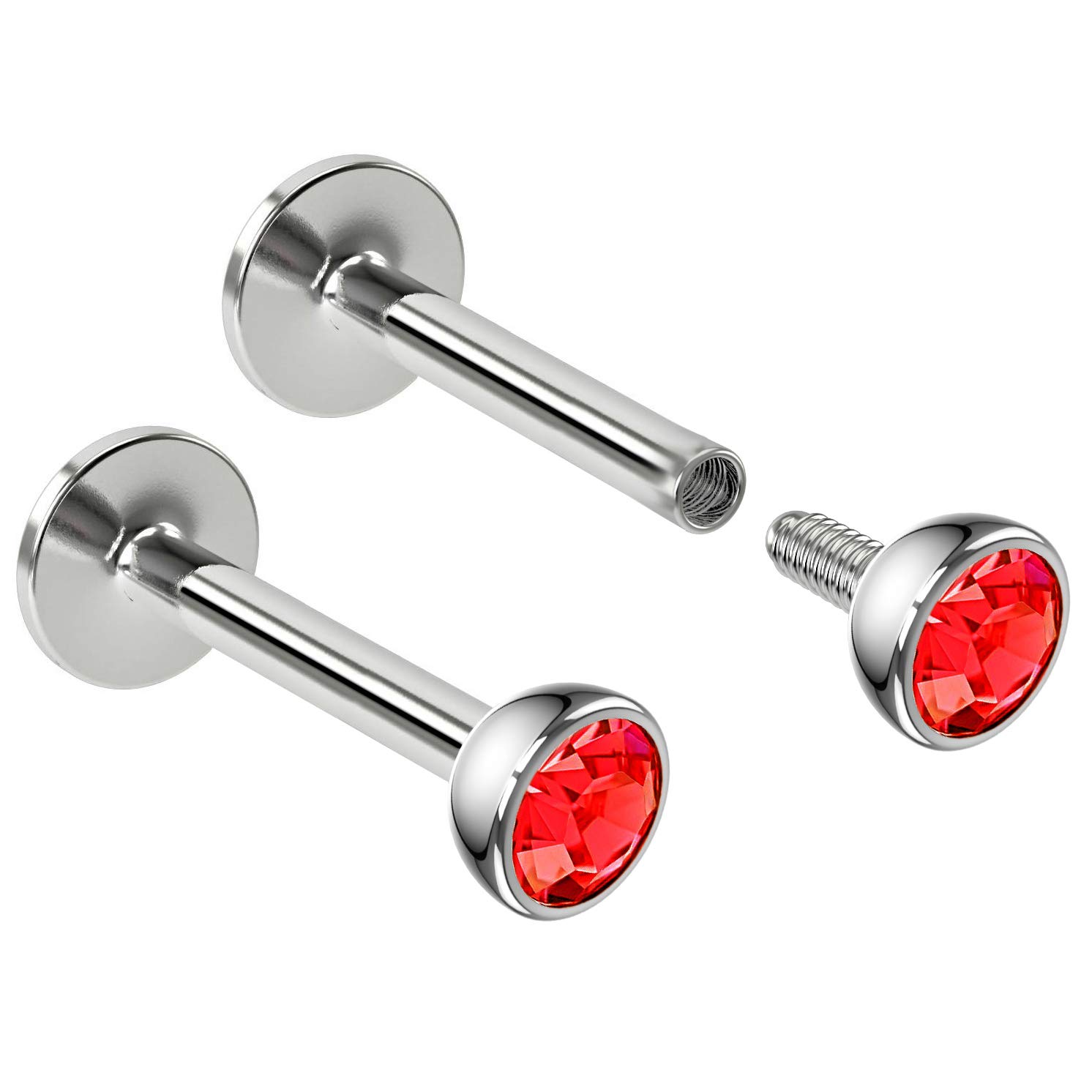 2pc 16g 1.2mm 8mm Labret Bar Stud Lip Ring Snake Bite Monroe Internally-Threaded Red Light Siam Crystal