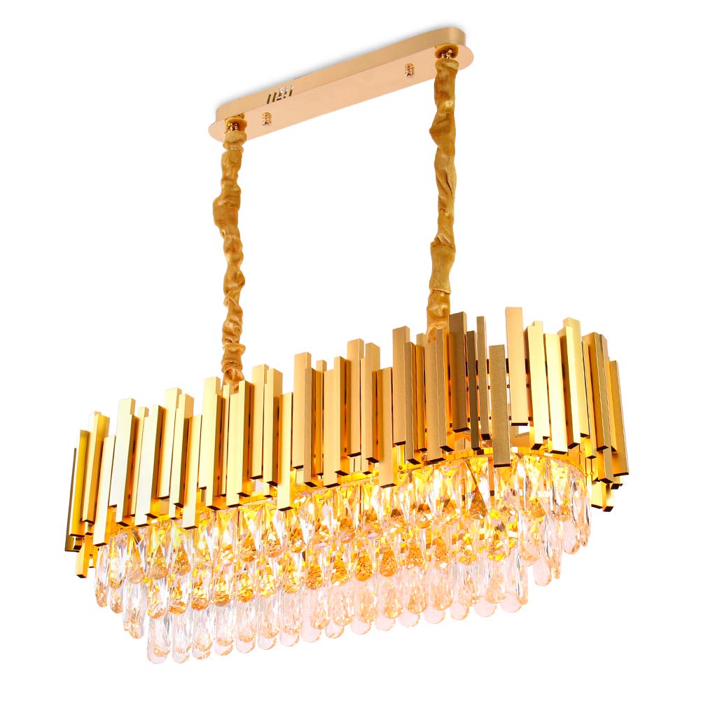 FRIXCHUR Oval Crystal Chandelier Gold Ceiling Light Luxury K9 Crystal Flush Mount Pendant Light Adjustable Ceiling Lamp for Dining Room Living Room Kitchen Island Bedroom, E14x10 Lights