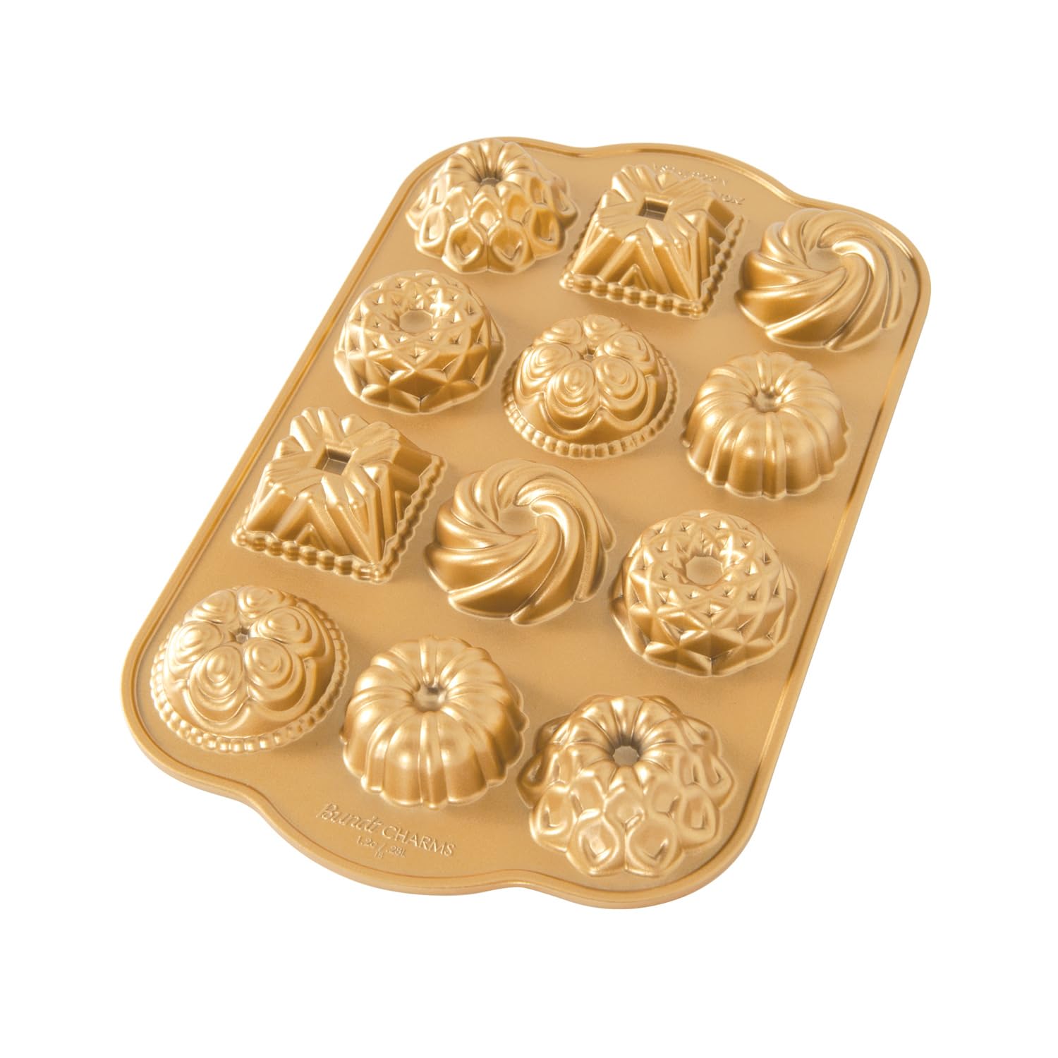 Nordic Ware Bundt Charms Pan, 3D Cast Aluminium Bundt Tin, Bundt Cake Tin with Geometric Pattern, Cake Mould Colour: Gold