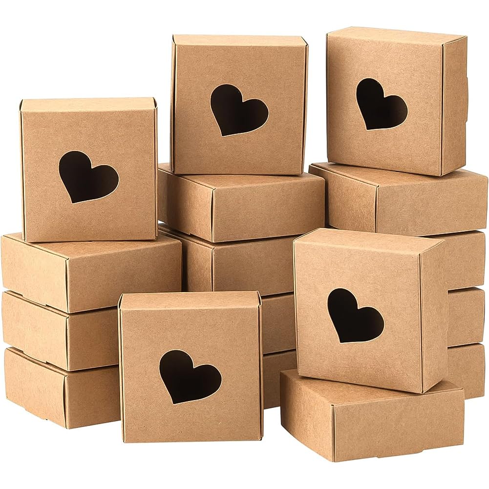 BENECREAT 20 Packs 8.7x8.7x3.6cm Kraft Paper Boxes with Heart Hole, Paper Gift Box for Wedding Birthday Crafting Graduation Holiday