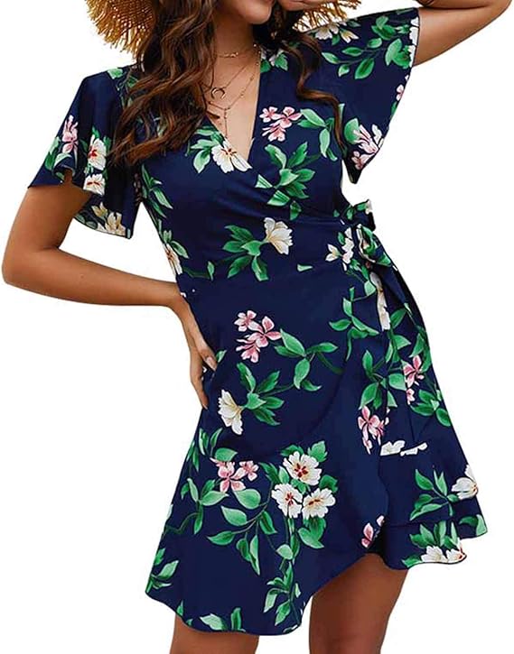 Womens Dresses V Neck Short Sleeve Casual Floral Print Pleated Swing Skater Ruffle A Line Mini 