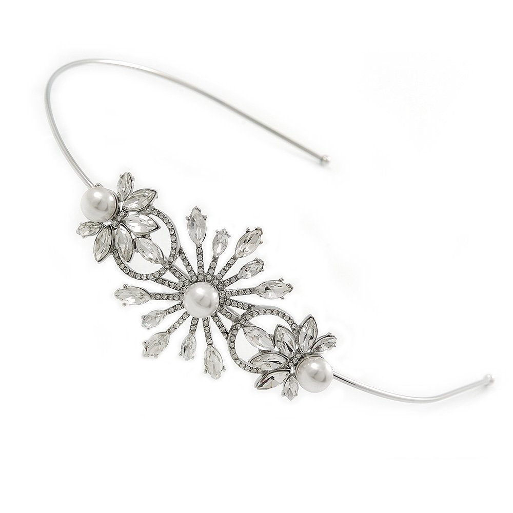 Bridal/Wedding/Prom Rhodium Plated White Glass Pearl, Crystal Snowflake Headband
