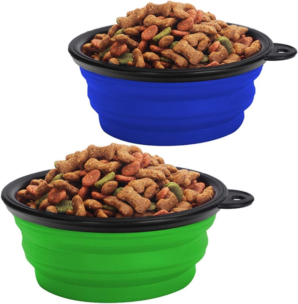 KIQ Pop-up Dog Bowl & Pet Bowl Collapsible Travel Silicone Camping/Hiking/Walking Crate Dish Bowl with Carabiner Clip [2 Cup Set] Travel-Size Folding Dog Portable (Blue/Green, Small)