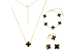 Nicime 4Pcs 18K Four Leaf Clover Necklace+Bracelet+Ring+Stud Earrings,Gold Plated Four-leaf Clover,Stylish and Elegant Jewelry Accessories for Women Girls