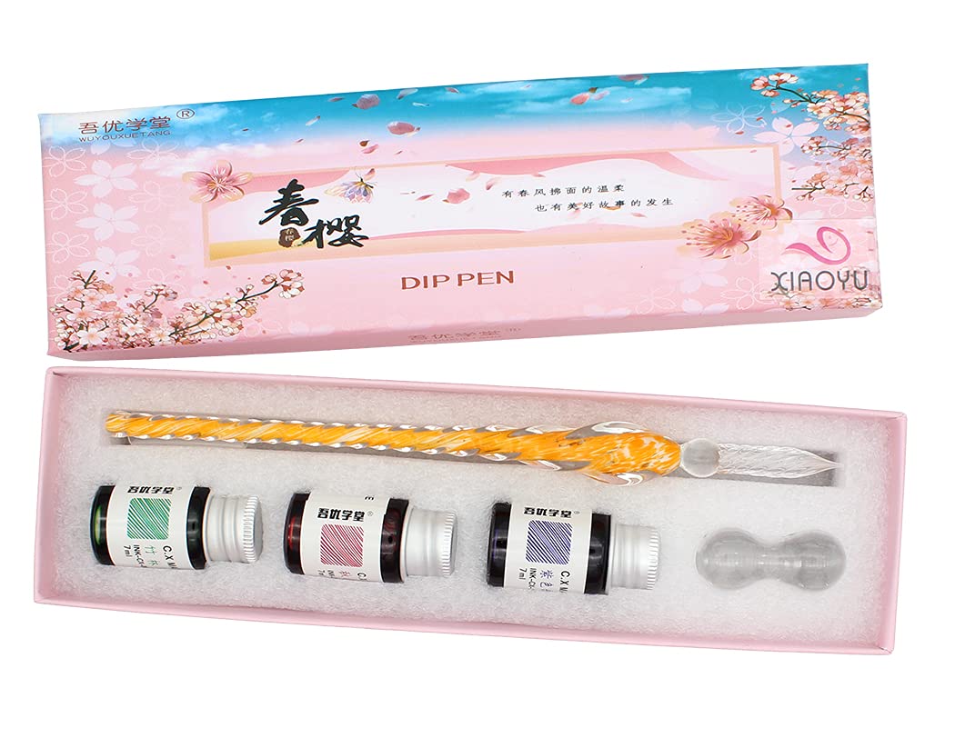 XIAOYU Glass Dip Pen Set, Calligraphy Pen Signature Pen Writing for School Stationery Art Decoration Supplies, Orange