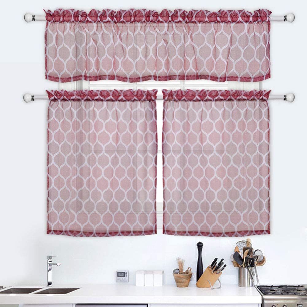 Haperlare 3 Pieces Sheer Kitchen Curtain Tier Valance Set Rod