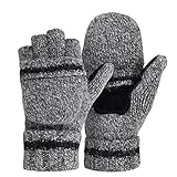 OMECHY Winter Unisex Wool Knitted Fingerless Convertible Gloves with Mitten Cover One Size,Grey