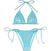 ZGMYC Women Funny Skull Letter Print Goth Bikini Set 2 Piece Neon Bandeau Swimsuit