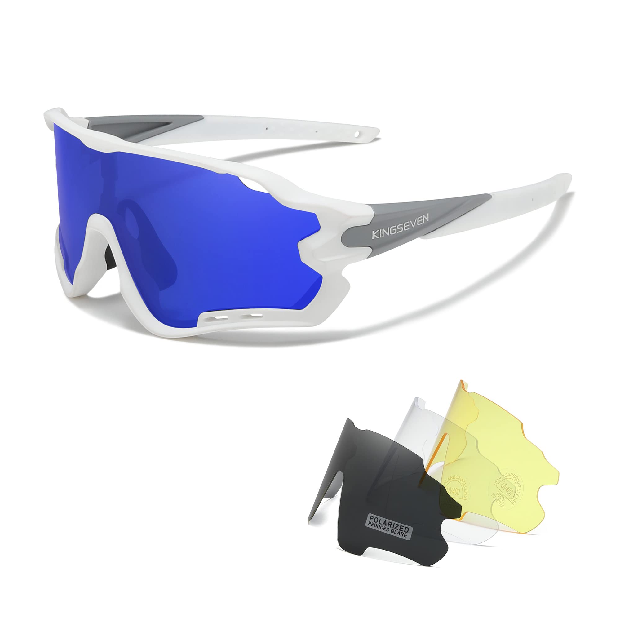 KINGSEVEN Polarized Cycling Glasses for Men Women Bicycle Sports MTB Road Bike Sunglasses with 4 Interchangeable Lenses LS-911 (White/Blue)