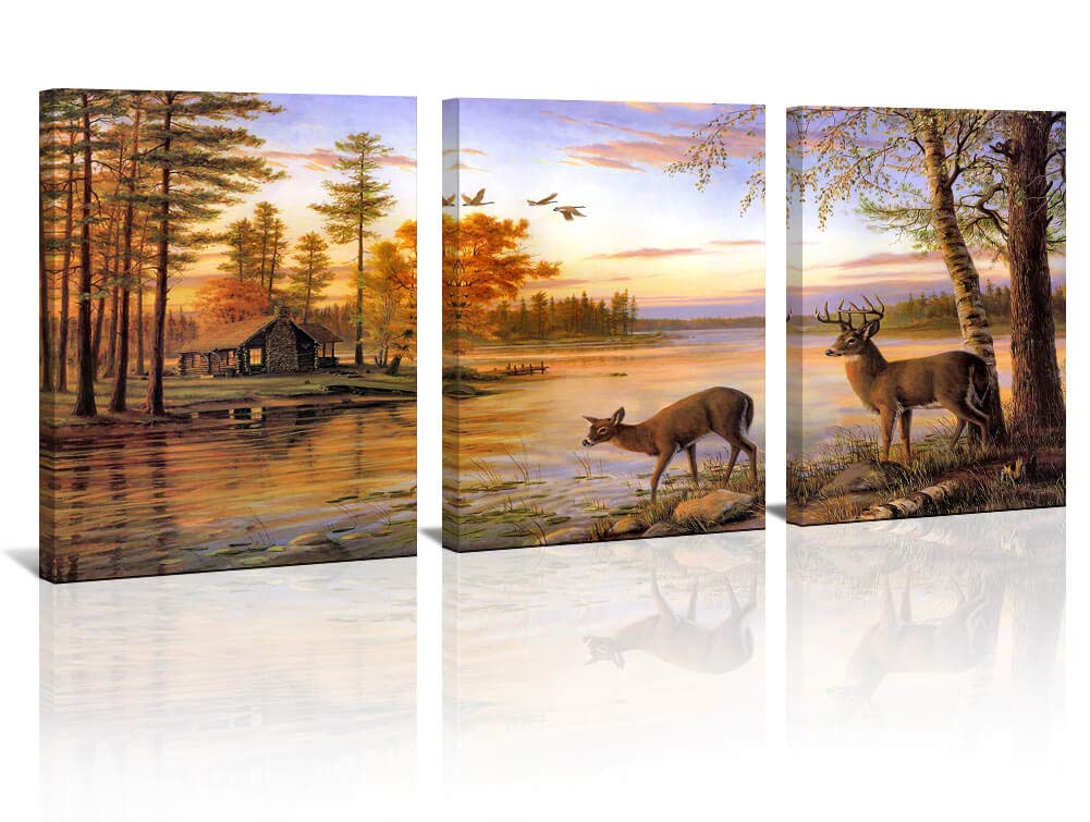 Dusk Rustic Deer Cabin Wall Art Decor Wildlife Landscape Canvas Print