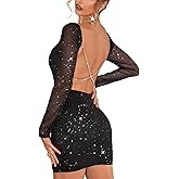 Joyfunear Women's Glitter Sparkly Mesh Long Sleeve Square Neck Criss Cross Backless Bodycon Party Club Outfit Mini Dress